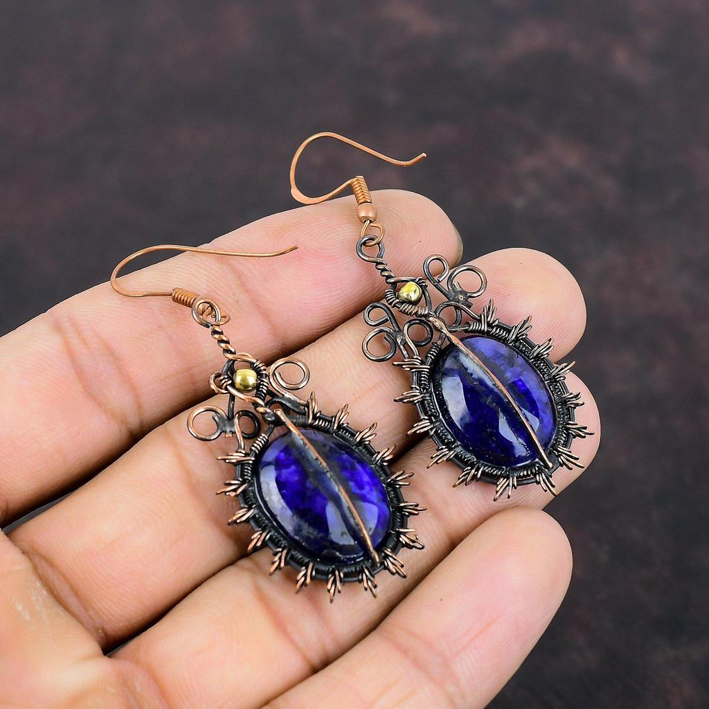 Серьги с граненым синим сапфиром, серьги из медной проволоки, серьги ручной работы, ювелирные изделия из драгоценных камней, ювелирные изделия из медной проволоки, уникальные серьги, подарок для мамы
