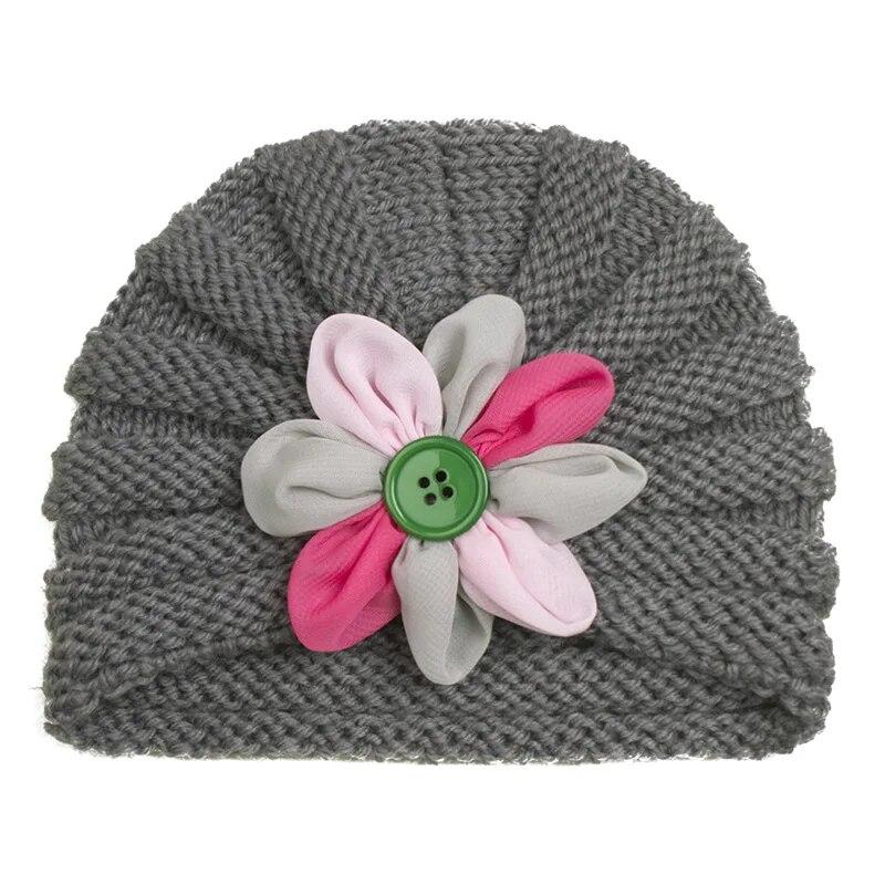 Вязаная детская шапка с пуговицами и цветком для мальчиков и девочек, осенне-зимняя теплая толстая мягкая шапочка, милая шерстяная шапочка для новорожденных малышей