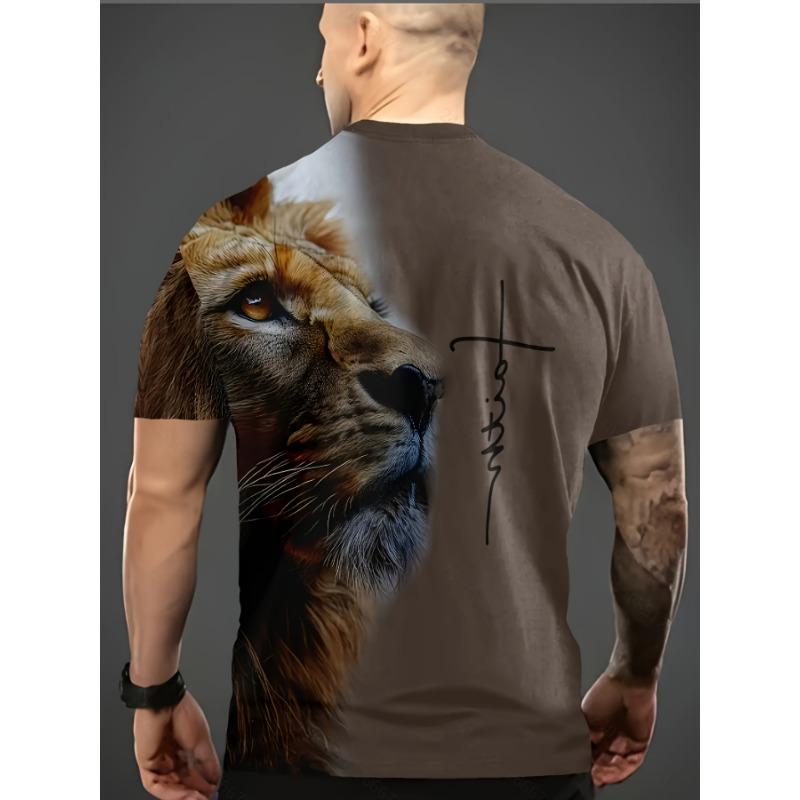 Men's Lion Graphic 3D Printed T-Shirt Casual Short Sleeve Crewneck Top Cool Brown Animal King Back Print Tee Vintage Cross Art Streetwear Apparel