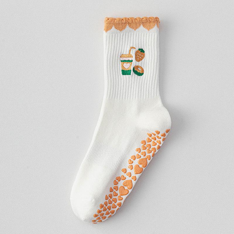 Мультяшные носки для йоги, Женские профессиональные нескользящие носки до середины икры, Пилатес Спорт, Фитнес в помещении, Белые напольные носки