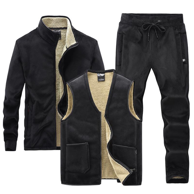 Флисовый свитер, мужской костюм ягненка, осенне-зимний комплект с капюшоном для отдыха среднего возраста, комплект из трех предметов