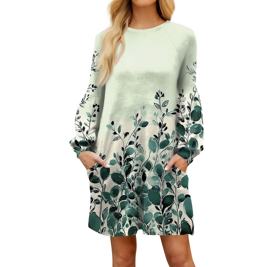 Модное женское платье трапециевидной формы с длинным рукавом. Осенний повседневный пуловер с круглым вырезом. Свободное платье с карманами.