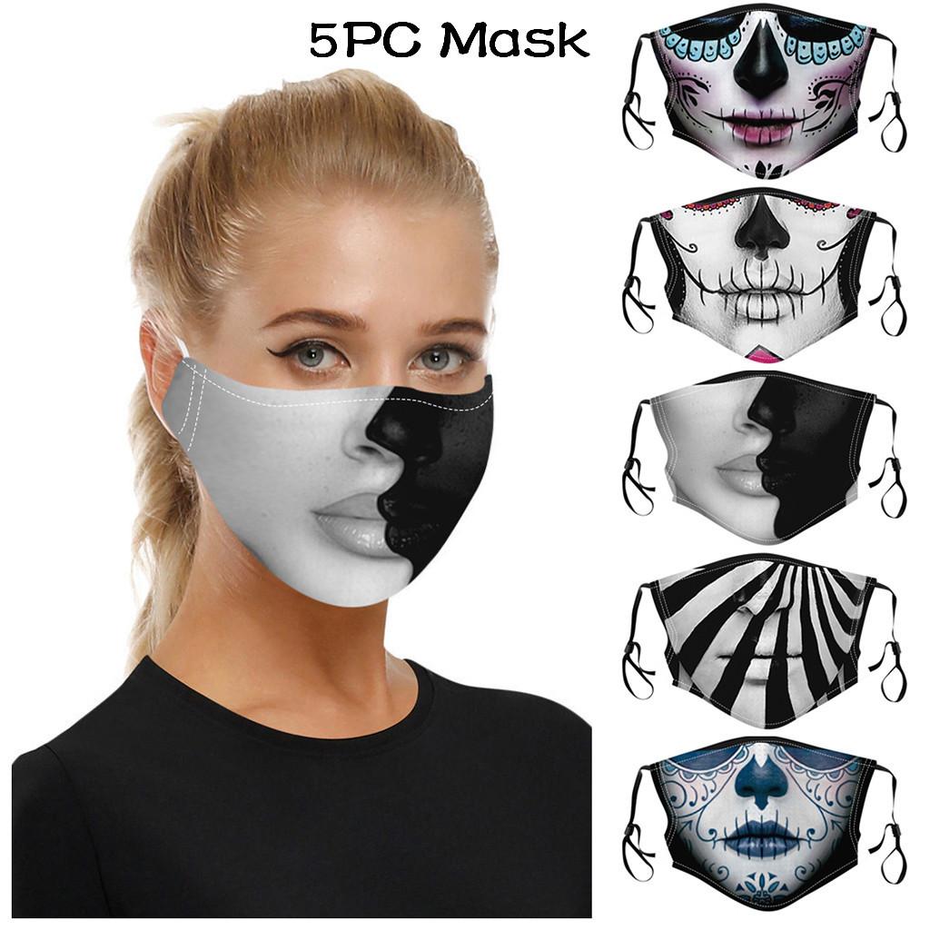 5 шт., маска для защиты рта с принтом Хэллоуина, моющаяся маска с ушной петлей