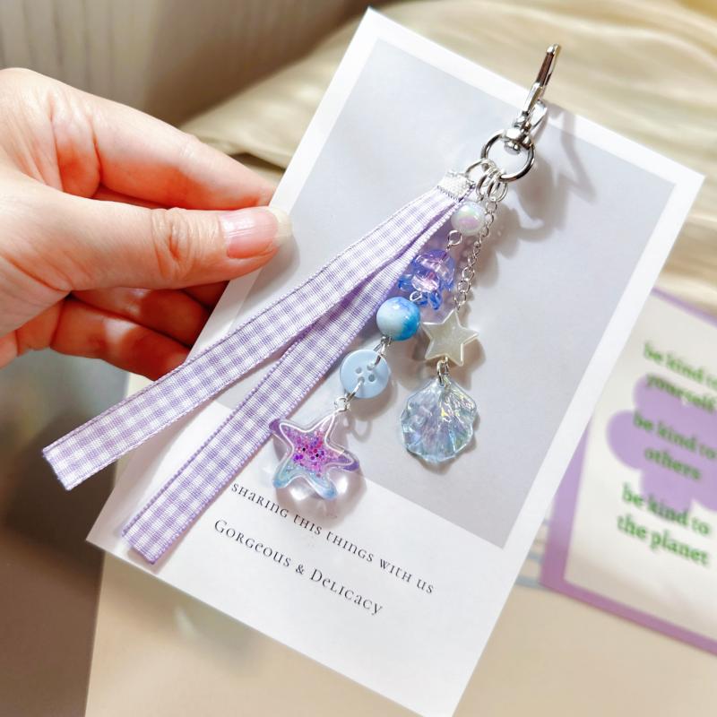 Sweet Purple Shell Star Dolphin Keyring Beaded Keychain Phone Chain Backpack Bag Pendant Charm Car Key Decoration Accessories