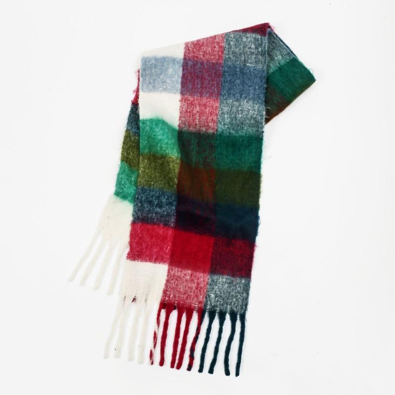 High-end Color Matching Mohair Scarf Women's Autumn and Winter Warmth Thickened Versatile Plaid Tassel