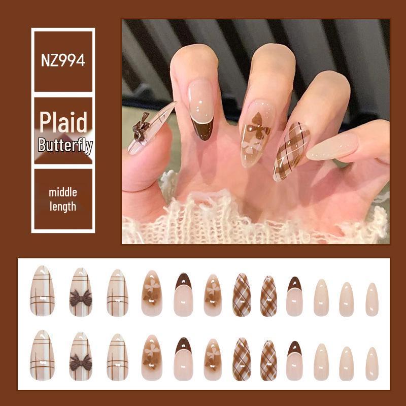 Plaid Bow Ombre French Nails: Autumn/Winter Retro Sweet Style False Nail Stickers, One Size