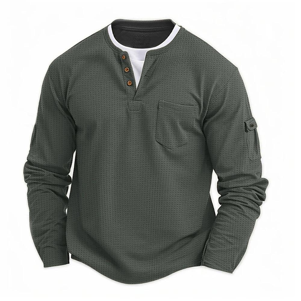 Мужская рубашка-henley с пуговицами, длинный рукав, повседневная, однотонная, вафельный хлопок, имитация двух предметов