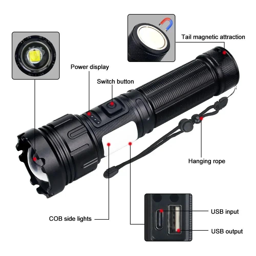 P50 Powerful Flashlight Zoomable Torch With Red Side Lamp Long Range Torch High Power Led Flashlights Rechargeable 7 Modes Lamp