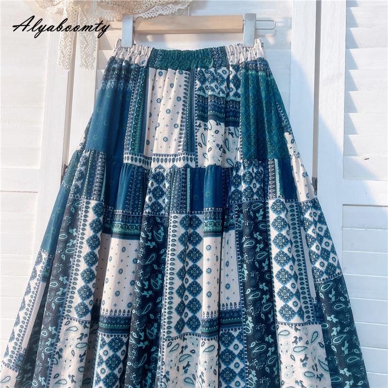 Весна Лето Женская юбка миди с эластичной талией и геометрическим принтом Контрастный цвет Юбка-трапеция Винтажные хлопковые женские юбки