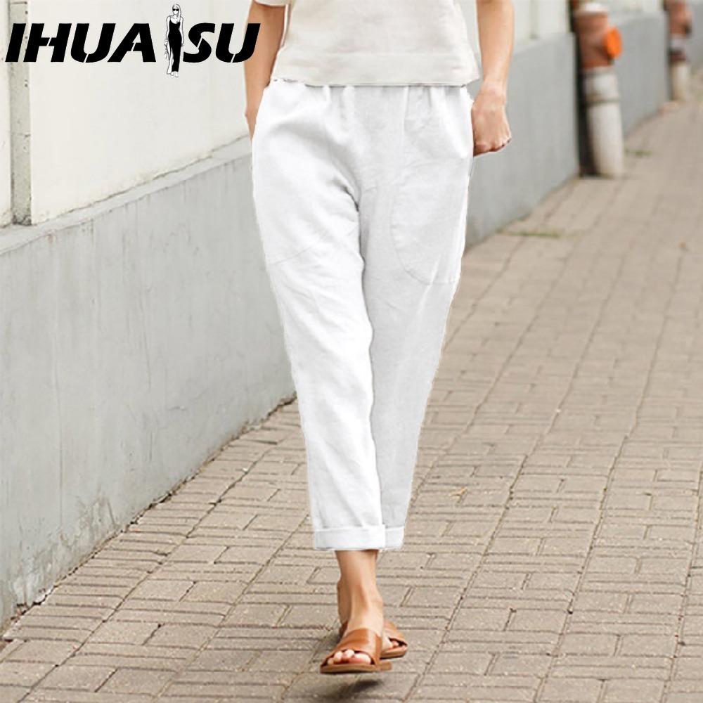 IHUASU Женские летние однотонные брюки с двойными карманами, свободные длинные брюки, женские хлопковые льняные брюки
