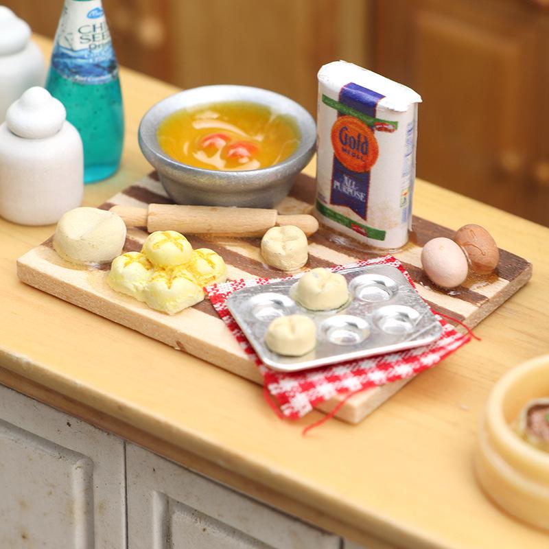1:12 Dollhouse Miniature Pastry Making Station with Eggs, Milk, and Bread Cutting Board