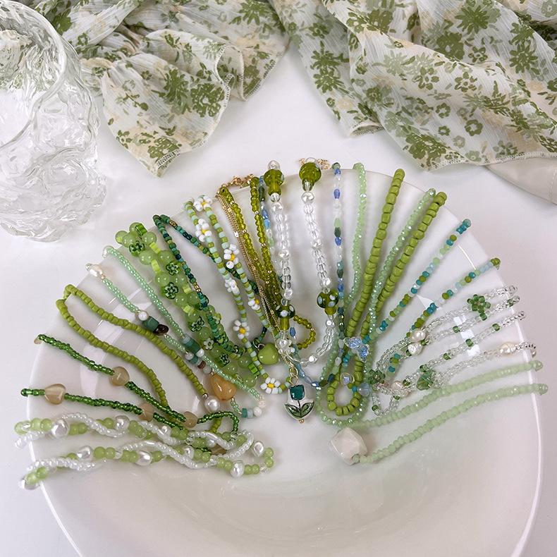 Свежий зеленый галстук, коллекция ожерелья ручной работы из бисера, цепочка на ключицу, дизайн, ниша, колье, ожерелье