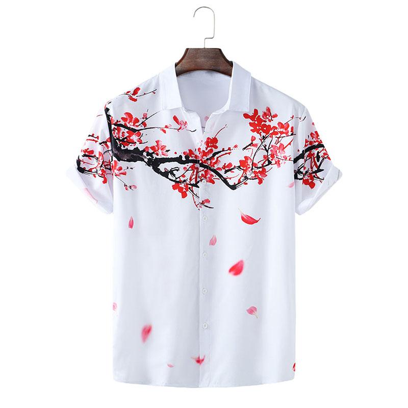 Fashion Men Plum Blossom Print Lapel Shirts Casual Summer Short Sleeve Tee Tops