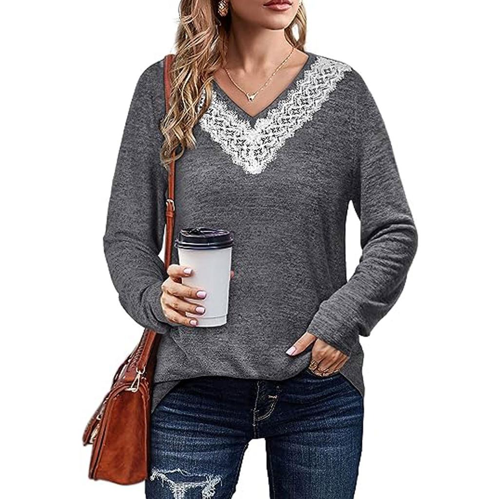 Женская осенне-зимняя новая однотонная кружевная свободная футболка с v-образным вырезом и длинными рукавами, топ