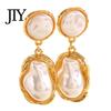 Statement Faux Pearl Earrings 1 Pair Drop for Women, Irregular Baroque Imitation Design Retro Metal Frame Stud Earrings, Double-Layered Pendant French
