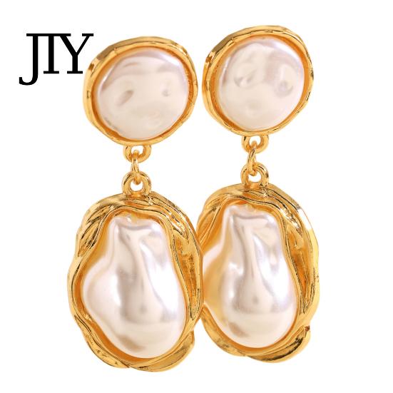 Statement Faux Pearl Earrings 1 Pair Drop for Women, Irregular Baroque Imitation Design Retro Metal Frame Stud Earrings, Double-Layered Pendant French