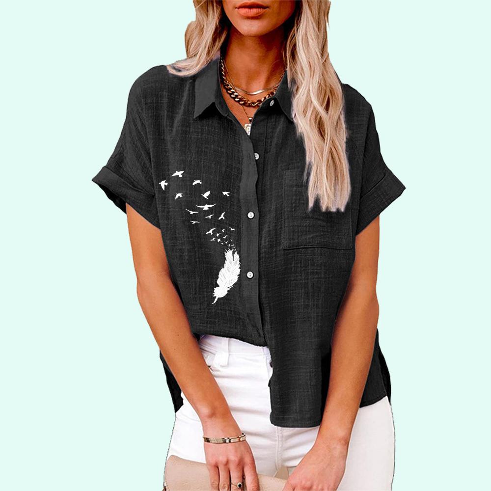 Плюс размер Женская мода цветочный принт футболка лето и осень повседневный льняной топ женские свободные блузки с коротким рукавом на пуговицах