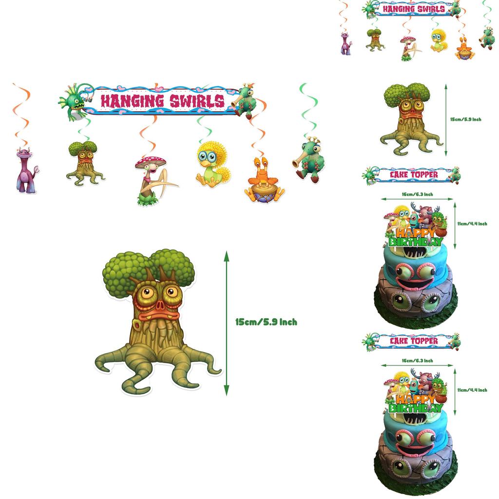 Набор украшений для дня рождения My Singing Monster: флаг, воздушные шары, топперы для торта и многое другое