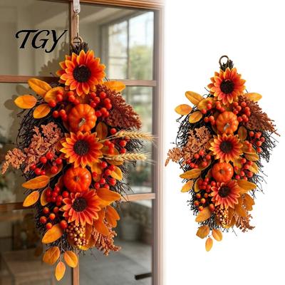 Holiday Gathering Wall Decor Fall Sunflower Swags Wreath, Maple Leaves And Berries Hanging Artificial Decorative Berry Garland Autumn Seasonal
