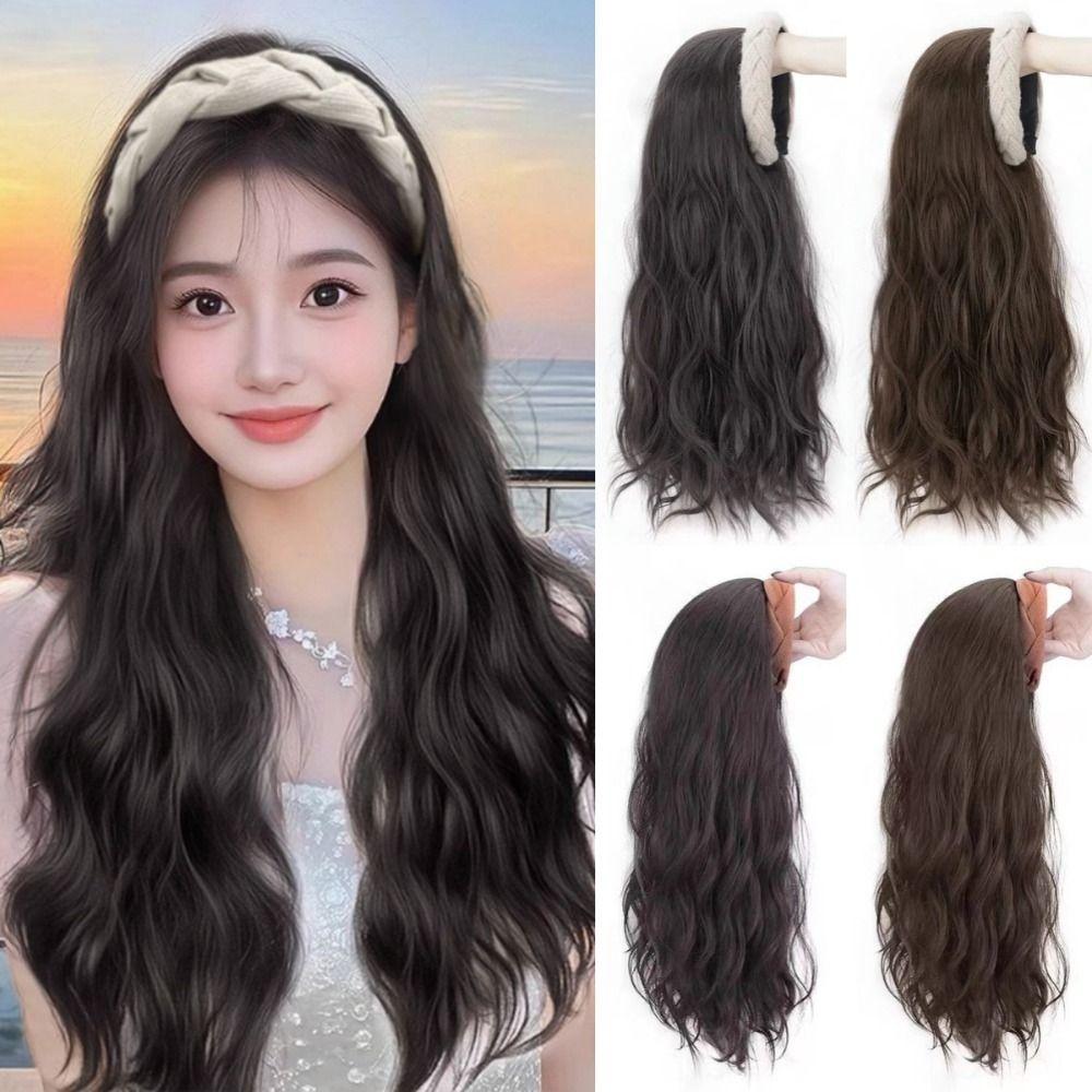 Clip in Half Headband Wig Korean Style Long Wavy Curly  Hair Wide Knit Headband Wig  Party