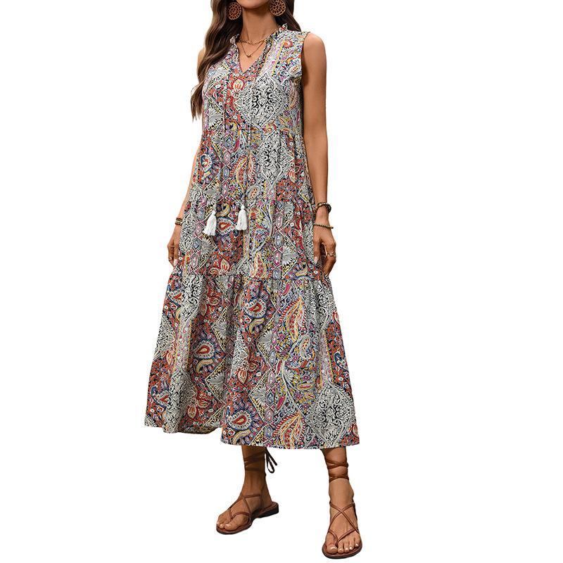 Summer Dresses for Women 2026 Boho Midi Dress Sleeveless Tie V Neck A Line Casual Beach Vacation Sundresses