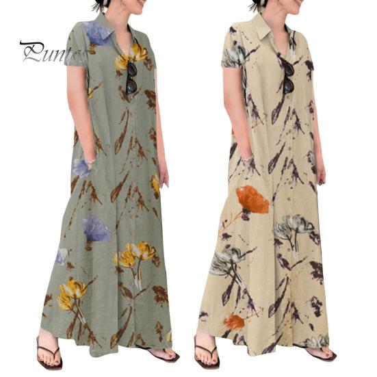 Женское летнее платье трапециевидной формы с лацканами, свободная рубашка с цветочным принтом, с короткими рукавами на пуговицах и боковыми карманами, длинное платье до щиколотки