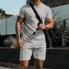 Summer Autumn Men's Polo Neck Waffle Shorts Suit Casual T Shirt Sports Short Sleeve Two-piece Set Trendy Brand