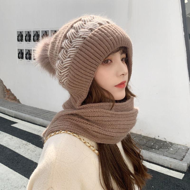 Winter Warm Hat Scarf Set Women Lady Plush Pompom Crochet Wool Knit Pullover Cap Outdoor Thick Windproof Warmer Hat Scarves