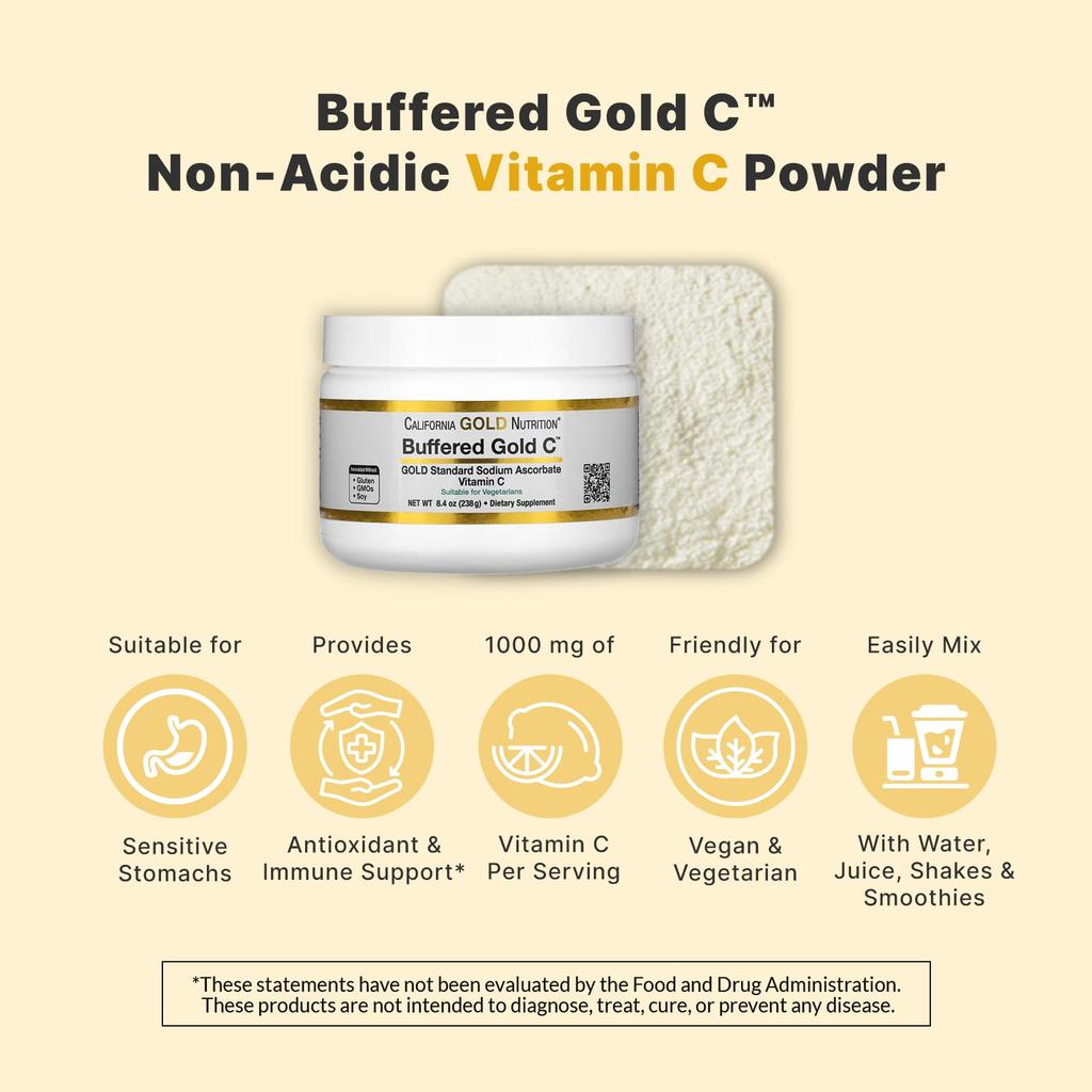 California Gold Nutrition, Buffered Gold C, Non-Acidic Vitamin C Powder, Sodium Ascorbate, 2.2 lb (1 kg)