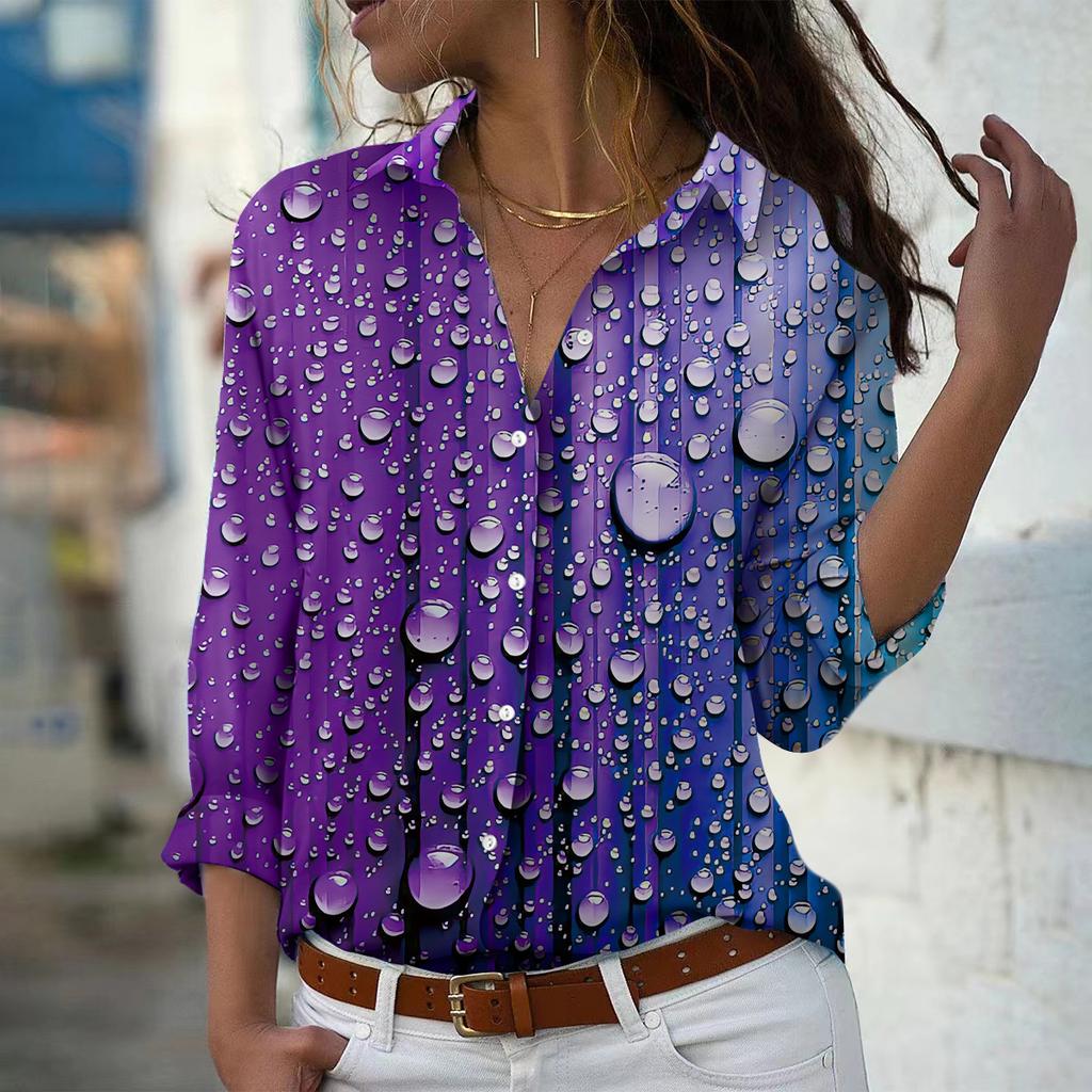 Raindrop Print Women Blouse Spring Autumn Femme Office Lady Button Up Turn Down Collar Shirts
