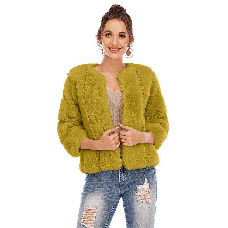 Women Fuzzy Fleece Short Jacket Solid Color Warm Plush Coat Long Sleeve Casual Outerwear