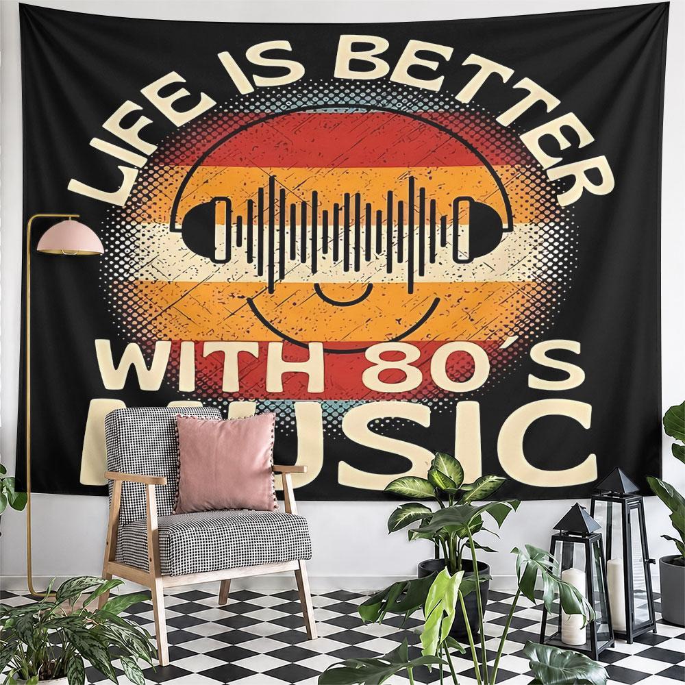 Life Is Better With 80's Music Tapestry Wall Hanging Retro Smiley Decor for Bedroom Living Room Music Room Gift