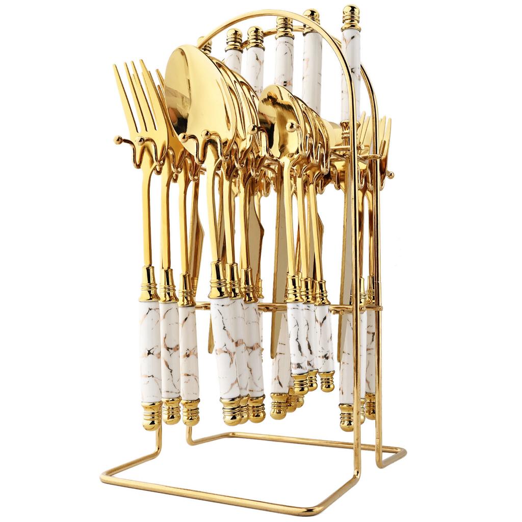 Gold Imitation Ceramic Dinnerware Set Stainless Steel Flatware Cutlery Set Knife Fork Spoon Luxury Tableware Set Storage Rack