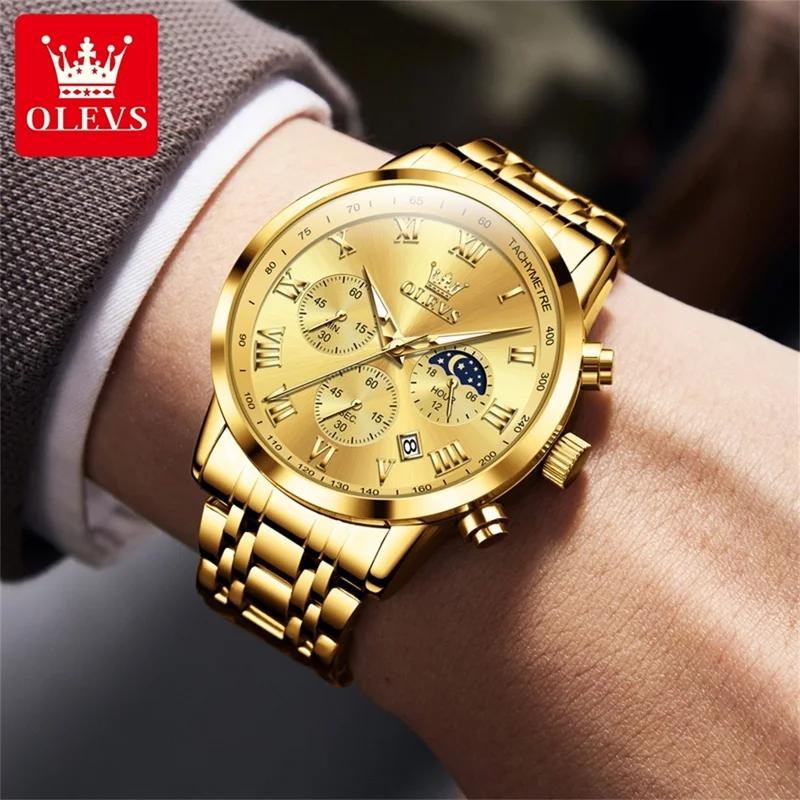 Multifunctional Men's Watches Chronograph Quartz Watch Moon Phase Calendar Luminous Waterproof Watch for Men