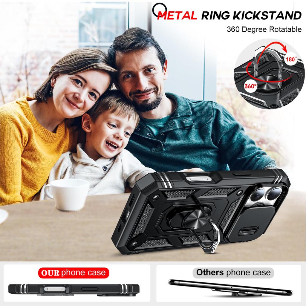 Case For iPhone 16 15 14 13 12 11 Pro XS Max XR Plus Camera Slide Military Grade Armor Protection 360 Degree Rotate Armor Cover