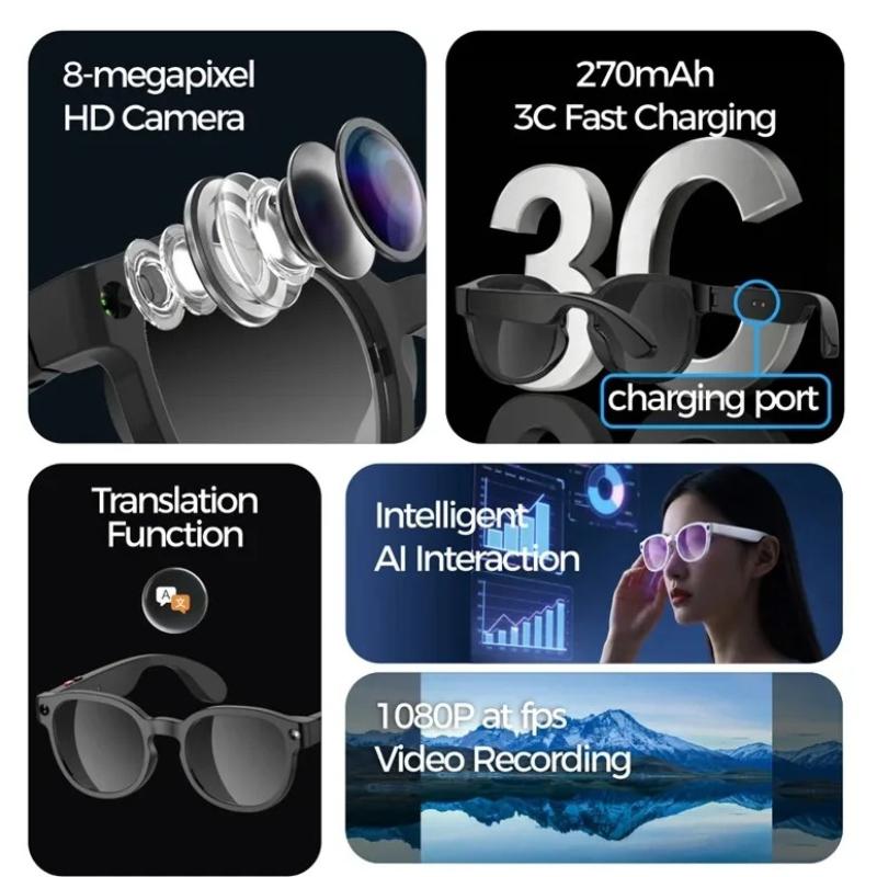 Новые ИИ-умные очки ИИ-перевод 500 Вт HD-камера Съемка 4K Изображение Bluetooth Звонки Запись Беспроводная музыка Многофункциональные умные солнцезащитные очки Унисекс