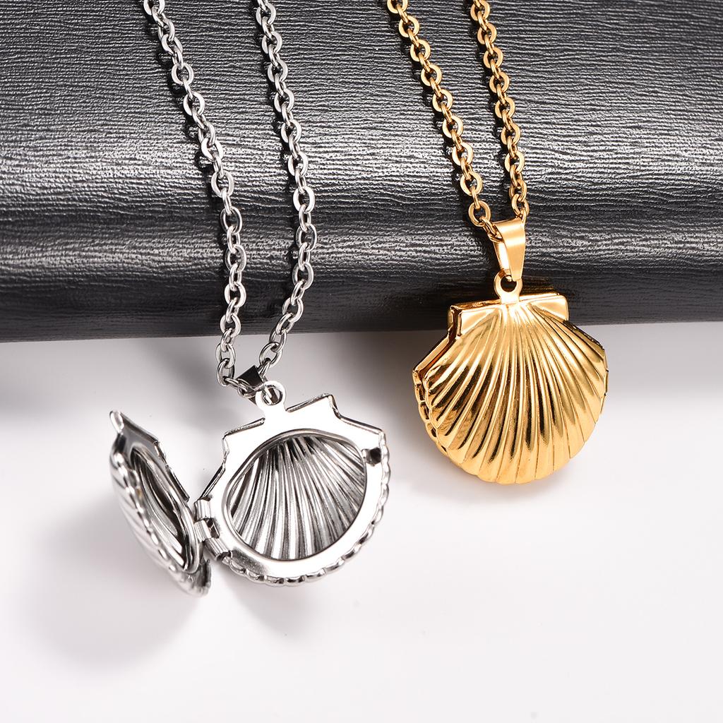 Cute Seashell Stainless Steel Photo Box Locket Pendant Necklace for Women Men Memory Picture Frame Charms Chain Metal Jewelry