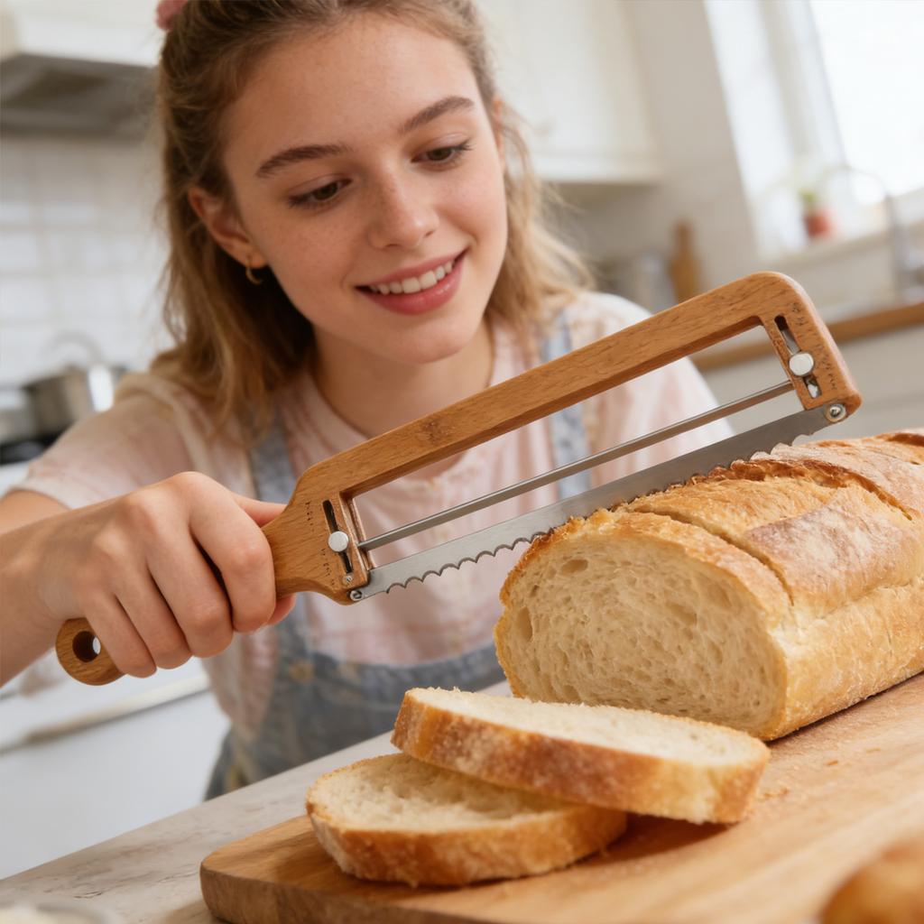 Нож для хлеба, Регулируемый для хлеба – Модернизированный для домашнего и заквасочного хлеба, С зубчатой нержавеющей сталью и направляющей для толщины,