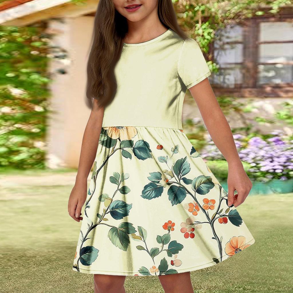 Летнее платье для девочек, однотонное платье без рукавов с принтом и карманом, повседневное платье, вечернее платье с короткими рукавами