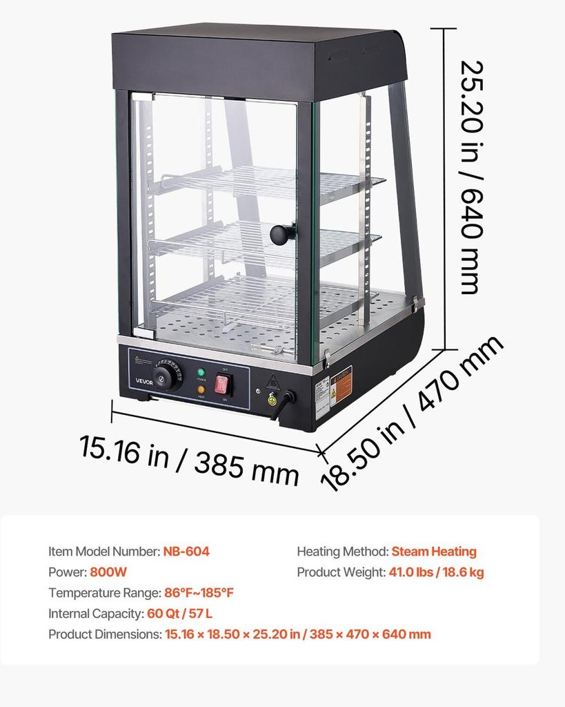 3-Tier Commercial Food Warmer Display, 800W Food Display Warmer with LED Light, Top Storage and Adjustable Shelves, 3085°C Steam Heating, 60 Qt /57L