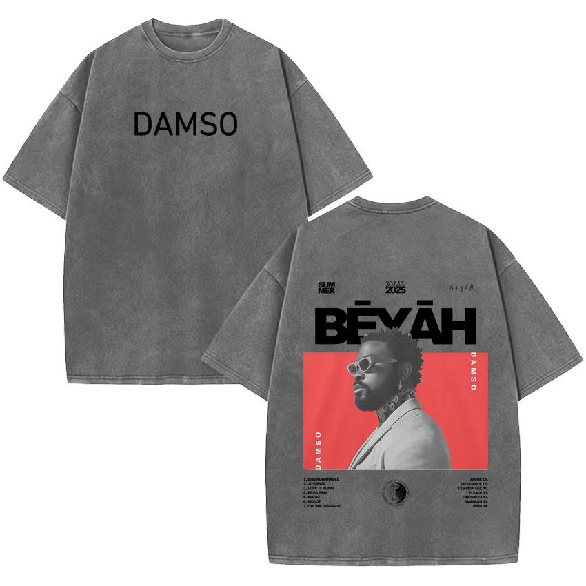 French Singer Damso Beyah Classic Double Sided Print ONeck Vintage Washed Pop Short Sleeve T Shirt Men Women Loose Tshrit