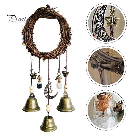 Door Knob Witch Bell Home Protection Handmade Hanging Brass Bell Wishing Bottle Rattan Wreath Witchcraft Door Hanger Wicca Wind Chime Decoration