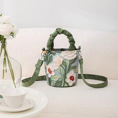 Роскошная сумка-ведро с цветочным рисунком маслом и регулируемым ремешком, китайская винтажная холщовая сумка через плечо, женская сумка с художественным акварельным принтом