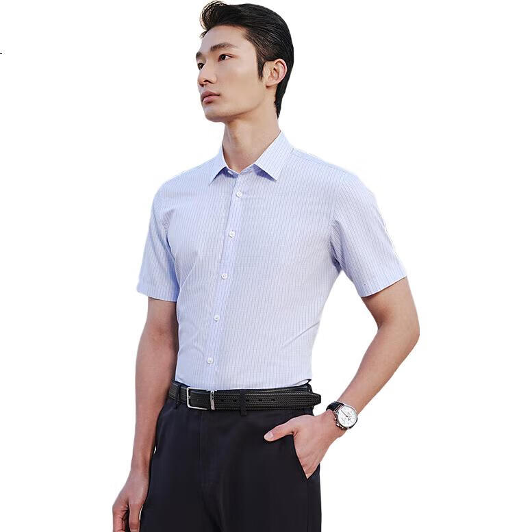 YOUNGOR Summer Youth Business Casual High-End Plaid Short-Sleeve Shirt, Blue Plaid, Size 38