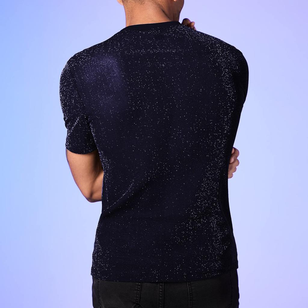 Мужская блестящая футболка с круглым вырезом и короткими рукавами из прозрачной сетки