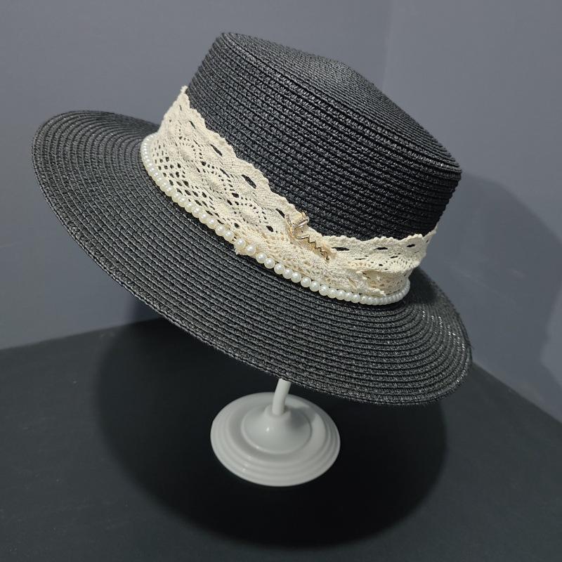 Lace lace straw woven flat top hat women's spring and summer temperament pearl flat edge top hat travel sun protection visor