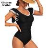Women One Piece Swimsuit V Neck Backless Ruched Tummy Control Monokini Swimwear