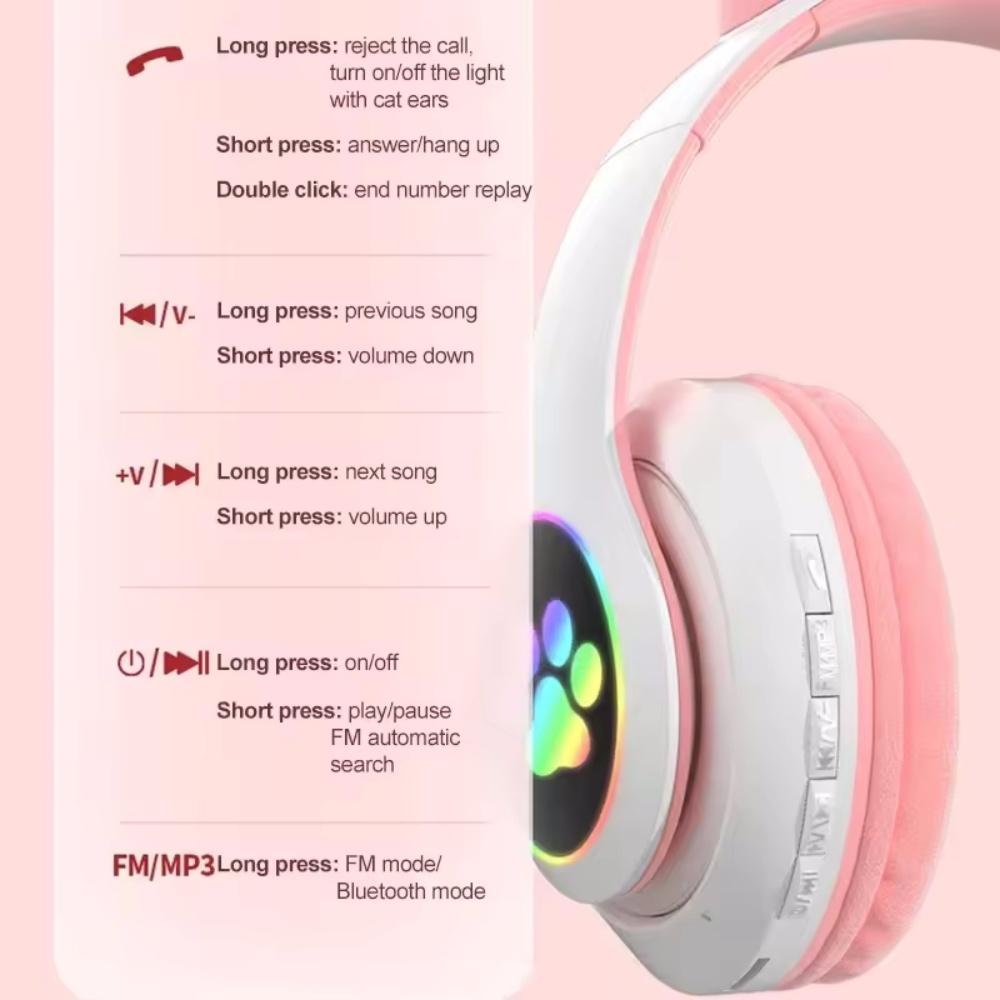 Cute Cat Ear Bluetooth Compatible Headset with LED Wireless Headset Children Girls Stereo Folding Sports Headset with Microphone
