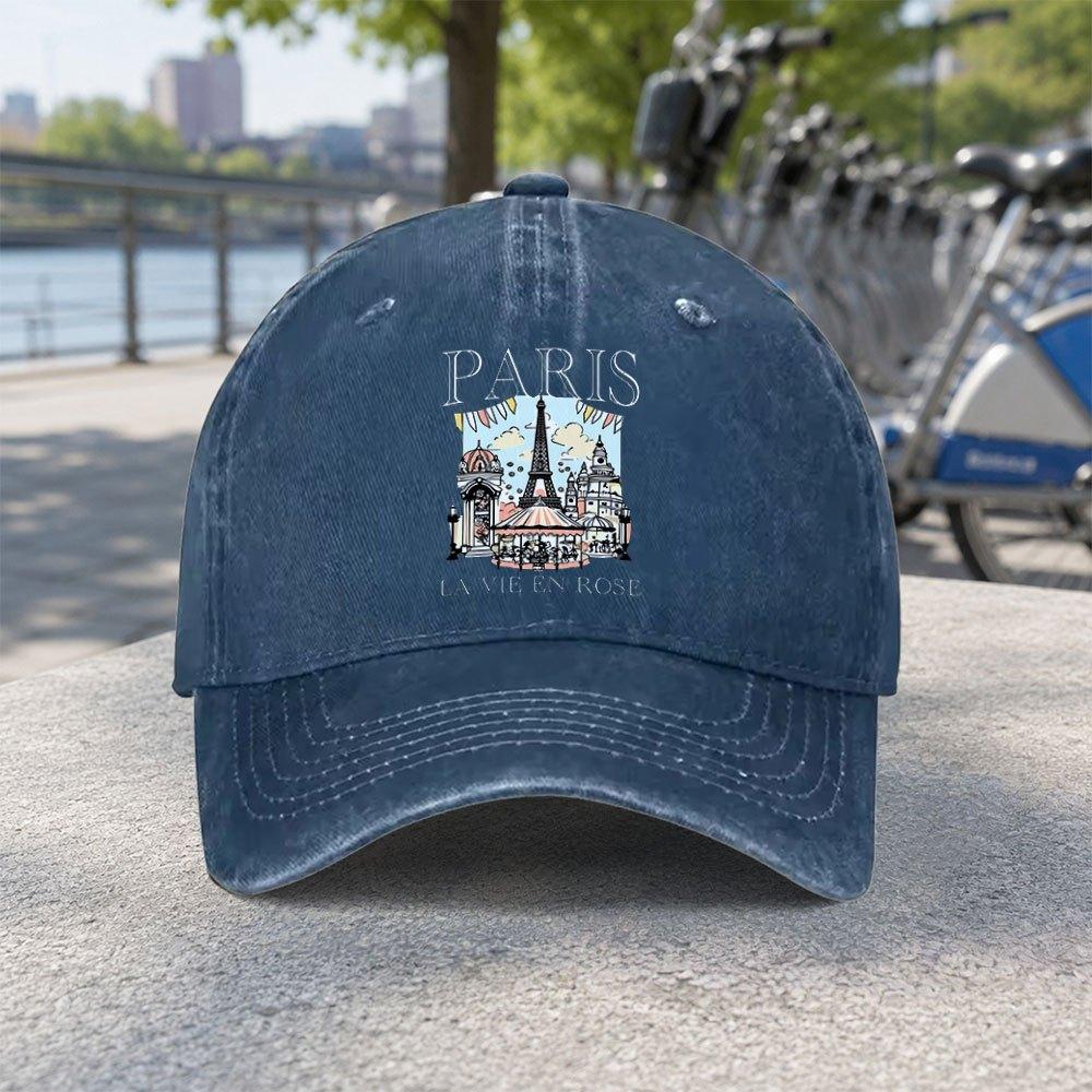 Paris Eiffel Tower Baseball Cap Unisex Lightweight Hook Loop Closure Washed Casual Hat For Beach Fishing Camping Travel