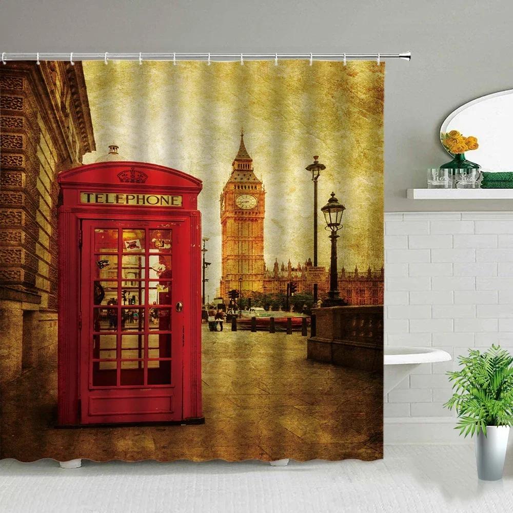 London Big Ben Shower Curtain European Style Red Tram Telephone Hall Scenery Old Newspaper Bath Screen Bathroom Curtain Box